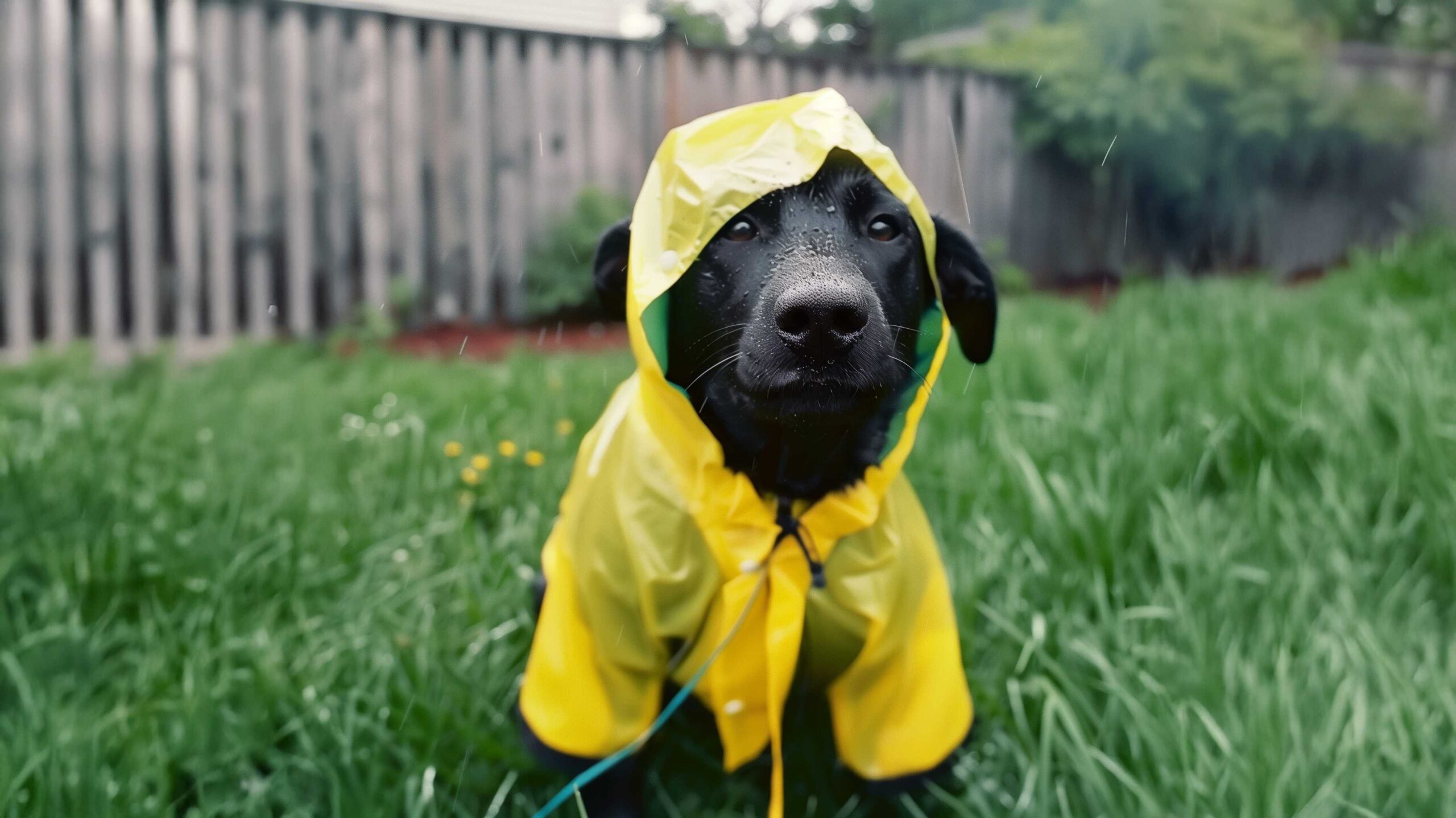 Dog in a yellow raincoat